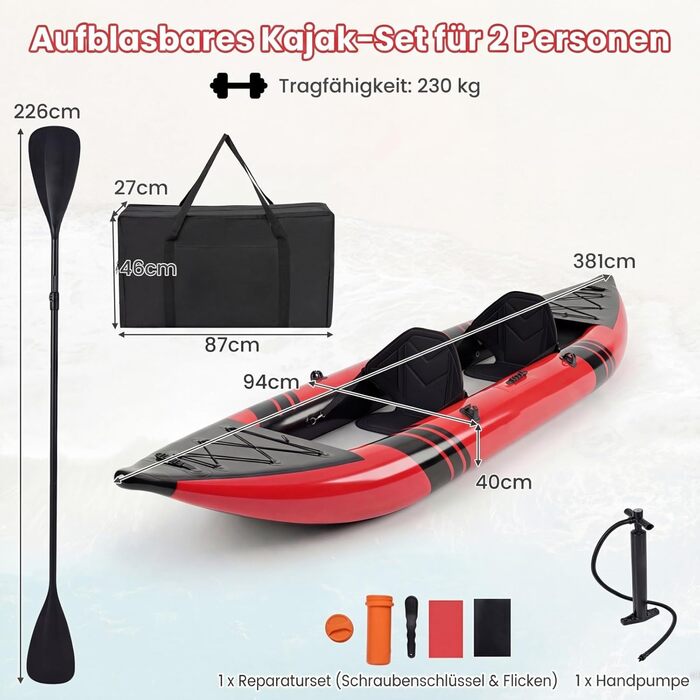 Надувний каяк COSTWAY на 2 особи з алюмінієвими веслами, EVA-сидінням, насосом та ремкомплектом, червоний