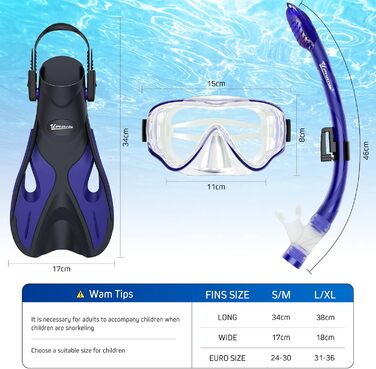 Набір для снорклінгу для дітей з ластами, маска з антизапітнінням 180° панорамний огляд, регульовані плавальні ласти та преміум сухий снорк, 3 в 1 набір для снорклінгу для дітей з сумкою, L/XL(31-36), блакитний