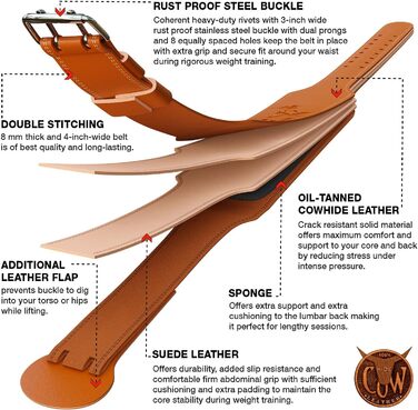 Пояс для важкої атлетики IBEX, шкіряний, 10.2 см, з підкладкою, підтримка поперекових хребців, замшеве оздоблення, сталева пряжка, для функціональних тренувань, бодібілдингу, пауерліфтингу, жиму лежачи, фітнес-залу, тренажеру