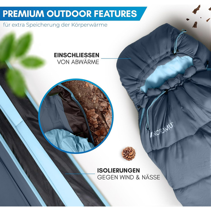 Сплячий мішок NORDMUT® Winter -10°C до 0°C, компресійний, для кемпінгу та трекінгу, 1.8 кг, водонепроникний, 350 GSM (Морський)