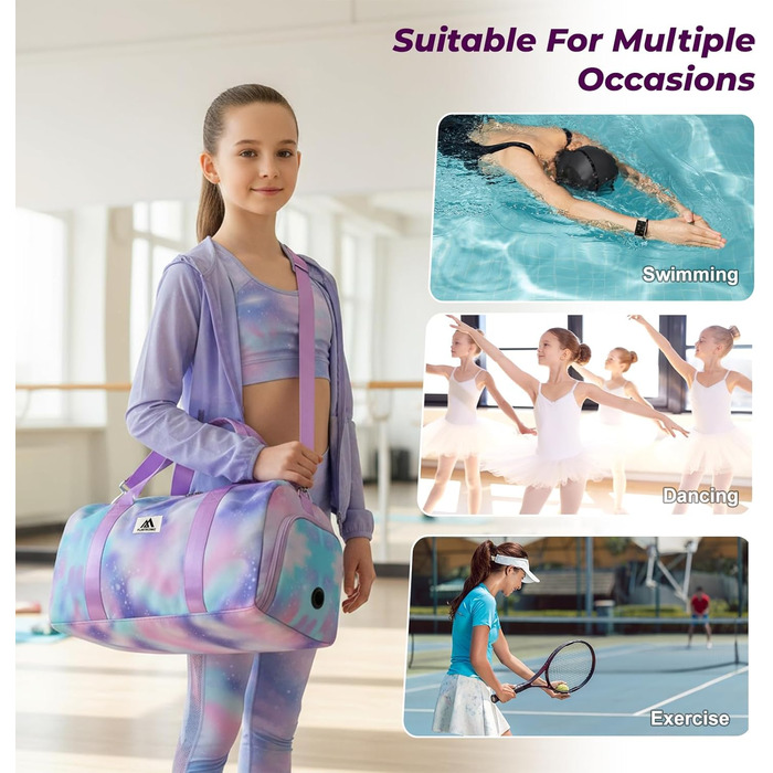 Спортивна сумка Flintronic для дівчаток та жінок, дитяча сумка для плавання з відділенням для взуття та вологостійкою кишенєю, для фітнесу, танців та подорожей, фіолетова, 46x20x25 см