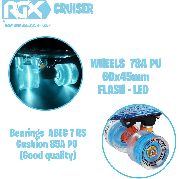 Скейтборд WeLLIFE Mini Cruiser 22 дюйми з LED колесами, PU 78A, ABEC-7, для дітей, підлітків і дорослих