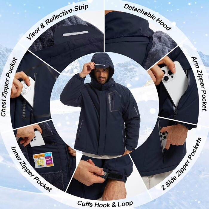 Чоловіча лижна куртка QPNGRP, водонепроникна, ізольована, зимова, 5 кишень на блискавці (S, темно-синій)