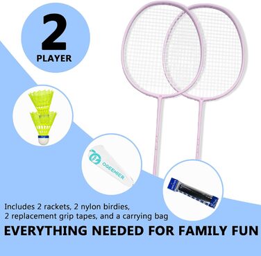 Набір для бадмінтону OGEENIER: 2 ракетки, обмотка, 2 волани, 1 ракетка з сумкою (білий, рожевий, 3 1/4 дюйма)