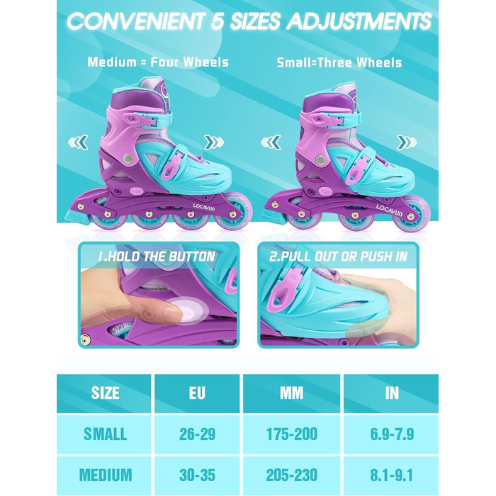 Дитячі ролики Inliner Kinder з регулюванням розміру 26-29, 29-34, 30-35. Ролики для дівчаток з колесами 82A PU, фіолетового кольору.