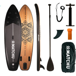 Надувний SUP-борд Matchu – комплект для станд-ап паділінгу, до 150 кг, 320x81x15 см, антиковзаюча поверхня, дерево/мандала, чорний