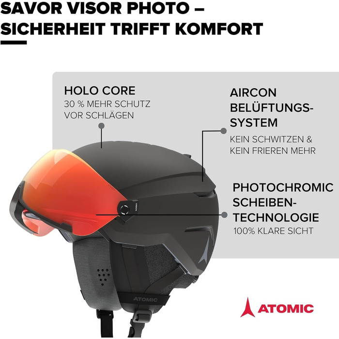 Гірськолижний шолом ATOMIC Savor Visor Photo з візором, чорний, 59-63 см, максимальна ударостійкість, активна вентиляція, дзеркальне покриття