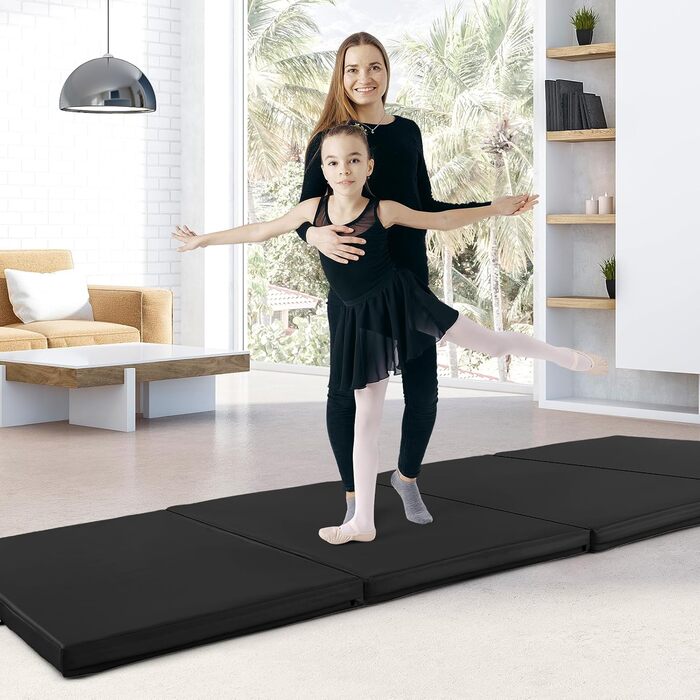 Складаний гімнастичний мат 300x120x5 см COSTWAY, PU-шкіра, з ручками і застібкою, чорний, для фітнесу, йоги, домашніх тренувань