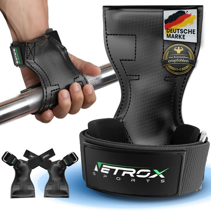 Гріпси для тренувань NetroxSports Power Grips - фітнес-ремні для підйому важкої ваги, бодібілдингу з захистом зап'ястя, чорні (M)