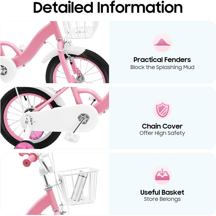 Дитяче велосипед 14 дюймів з додатковими колесами та кошиком, рожевий. Підходить для дітей 3-7 років, регульована висота сідла.