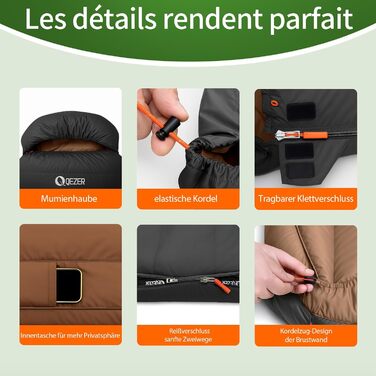 Спальний мішок XXL з пуху 3-4 сезони, 230x100 см, чорний. Підходить для дорослих, кемпінгу, походів та рюкзаків. Легкий та теплий