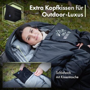Спальний мішок з рукавами Nature Rovers – дорослий, для кемпінгу та відпочинку на природі (3 сезони), водонепроникний, з отворами для ніг, включає подушку, чорний