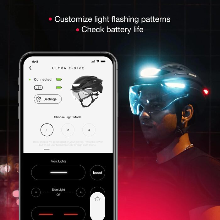Розумний шолом Lumos Ultra для електровелосипедів, сертифікований NTA 8776, з LED-фарами та задніми ліхтарями, висувним візором, керуванням через додаток, для електровелосипедів, самокатів і велосипедів, для дорослих чоловіків і жінок