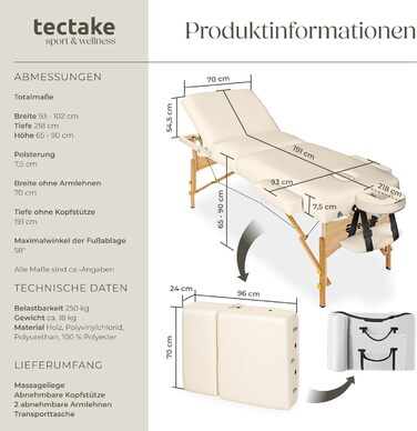 Складаний масажний стіл tectake, 3 зони, 7,5 см м'яка оббивка, регульована висота, мобільна масажна кушетка з дерев'яними ніжками, підголівником, підлокітниками та чохлом, бежевий
