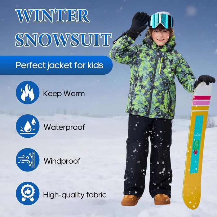 SNOWER Дитячий зимовий комбінезон для хлопчика з капюшоном, теплий гірськолижний костюм, кольорове зелений, 6-7 років