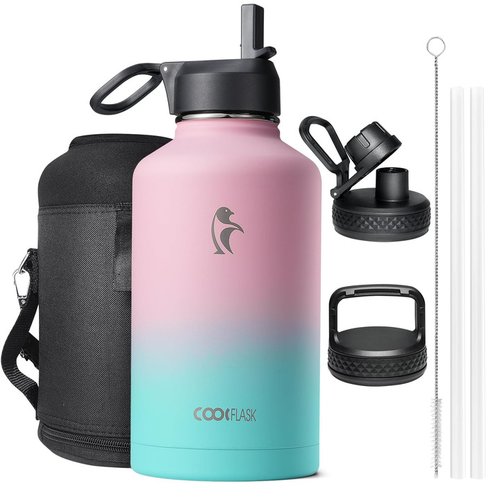 Термос-бутилка Coolflask 2 л з трубочкою та 3 кришками, нержавіюча сталь, вакуумна ізоляція, для спорту та офісу, колір Bubble Gum