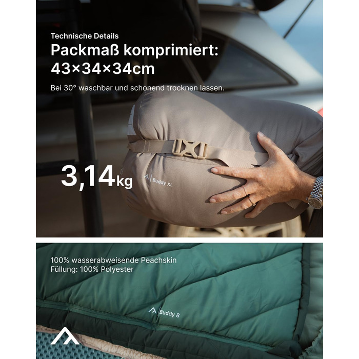 Спальний мішок Qeedo Buddy XL 8 XXL, надширокий, Outdoor літній (8-25°C) 3 сезони - для дорослих та юнаків (до 220см), поверхня Peach Skin, колір Pinegreen
