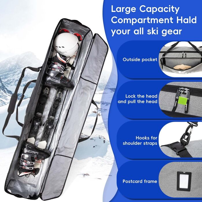 Скі-сумка на колесах для подорожей, м'яка подвійна скі-сумка для 2 пар лиж до 175 або 190 см, сіра (175 см)