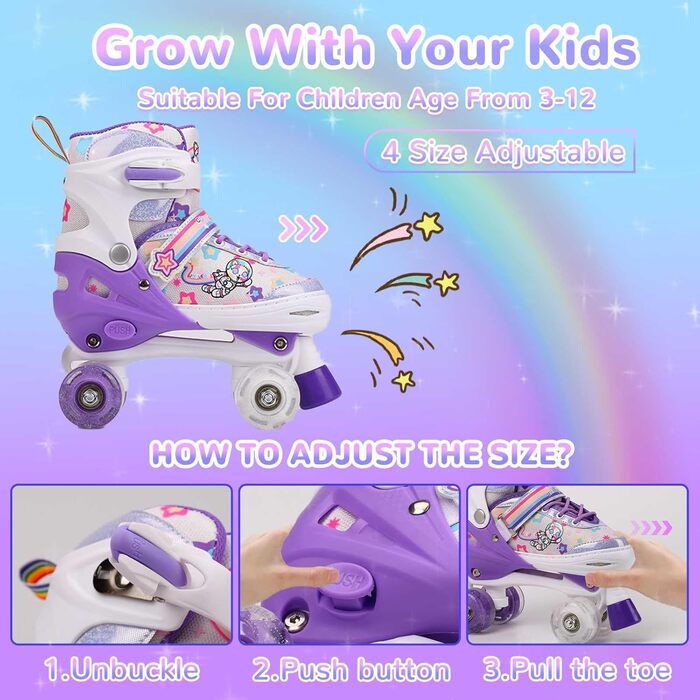 Роликові ковзани для дітей з LED підсвічуванням, регульовані, зручні та дихаючі, фіолетовий колір, розмір L (39-42)
