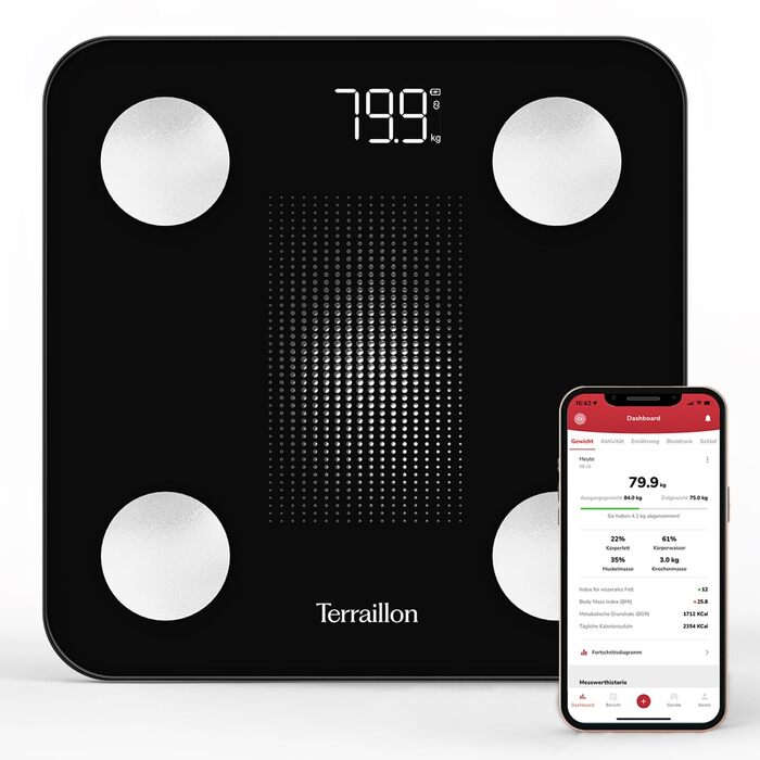 Інтелектуальна вага TERRAILLON WEIGHT CONNECT з Bluetooth, аналіз складу тіла (жир, м'язи, вода, кістки), BMI, ємність 180 кг, шкала 50 г, LED-дисплей, скляна платформа, чорний колір