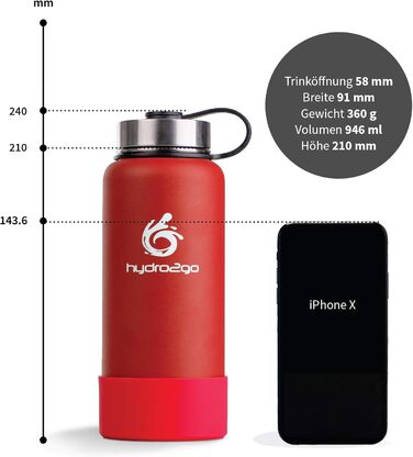 Гідрофляга hydro2go X-AlpsBottle 1 л, вакуумна термос пляшка з нержавіючої сталі, 3 кришки, герметична, для спорту та подорожей, Lava Red