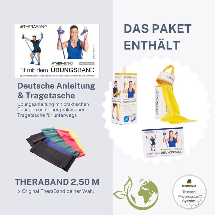 Theraband Оригінальні фітнес-стрічки 2,5 м, 100% натуральний латекс, жовті, для реабілітації, тренування м'язів, загального фітнесу, з чохлом та інструкцією