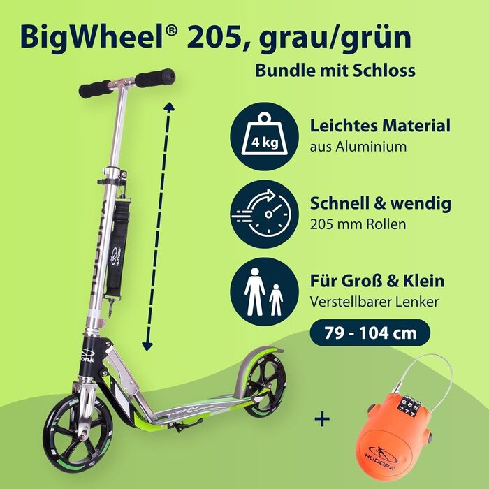 Самокат HUDORA BigWheel 205 алюмінієвий, складаний, з підніжкою та замком - для дітей та дорослих до 100 кг
