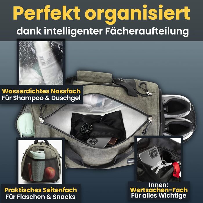 Спортивна сумка Heldenwerk® для жінок та чоловіків, 30л, 48 x 26 x 25 см. З відділенням для взуття та мокрих речей. Ідеальна для подорожей, тренувань, фітнесу.
