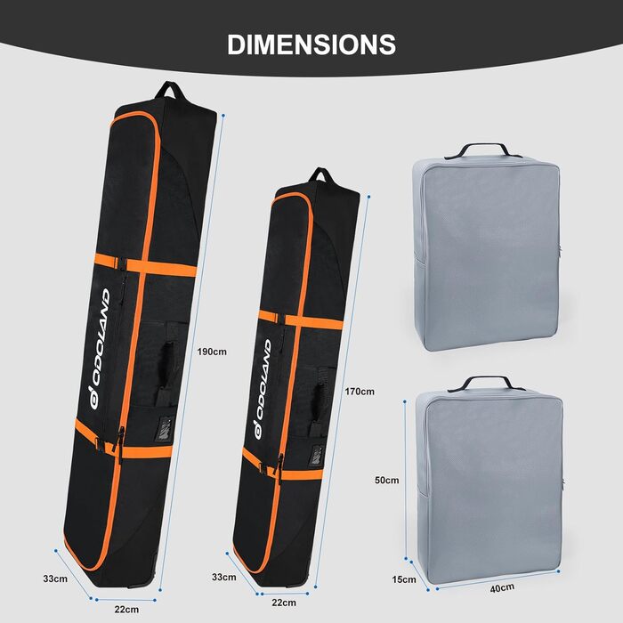 Чохол для лиж Odoland з роликами, водонепроникний, для подорожей літаком, 170 см, оранжевий