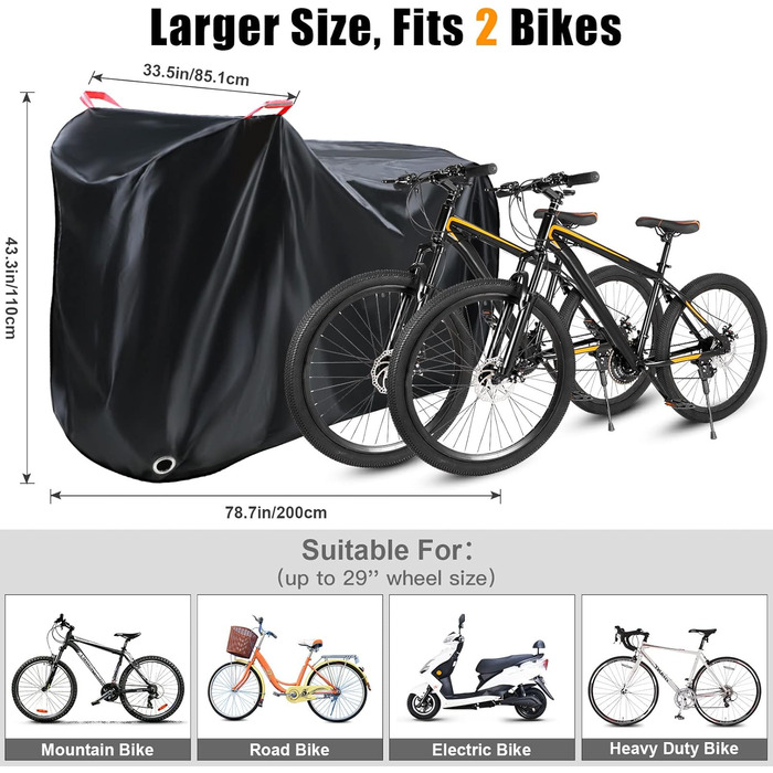 Водонепроникний захисний чохол для велосипеда та електровелосипеда на 2 велосипеди з отворами для замка – з сумкою для зберігання – чорний