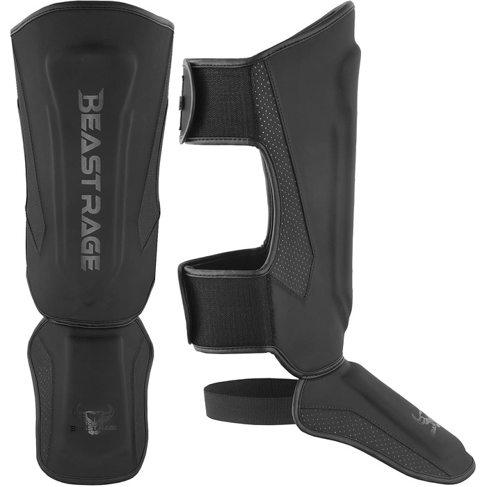 Шкіряні щитки для ніг Beast Rage для кікбоксингу, муай-тай, ММА, боксу, карате, тхеквондо та БЖЖ, з захистом зап'ястя, чорного кольору