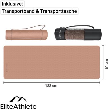 Килимок для йоги EliteAthlete - спортивний, фітнес, гімнастичний з антиковзаючим покриттям. Розмір 183x61x0.6 см. З транспортним ременем та сумкою (Коричневий – Кремовий)