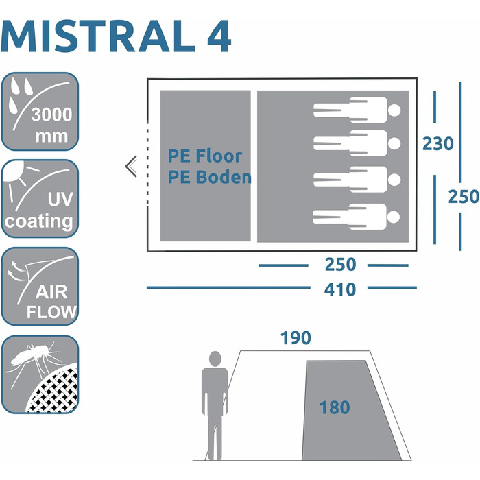 Намет кемпінговий your GEAR Mistral Tunnel для 4-6 осіб, сірий/синій. З висотою для стояння, UV 50+ захистом, водонепроникність 3000 мм. Сімейний намет для відпочинку.