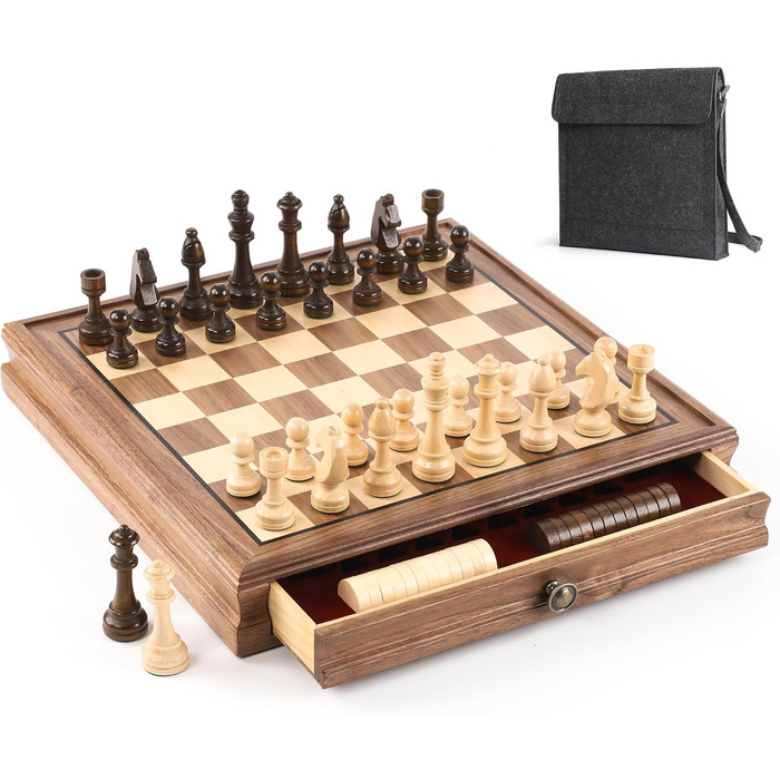 Магнітний шаховий та шашки з горіхового дерева – 2-в-1 набір, з ящиком для зберігання, 2 фігури для шашок, 24 шашкових фігури – дерев'яний шаховий набір для дітей та дорослих