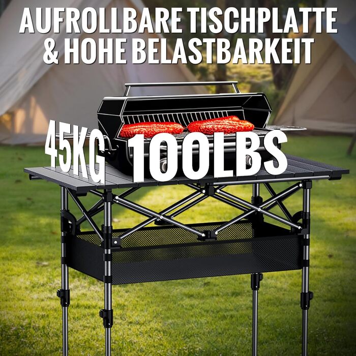 Складаний туристичний стіл GARLLEN, 100x50 см, 2 положення висоти (70/87 см), з розкатним покриттям, сталевий, для пікніка, грилю, відпочинку на природі.