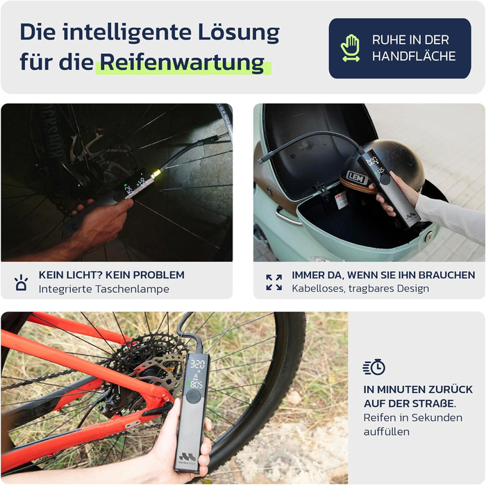 Електрична велосипедна помпа Woowind Ventus Ride: 150 PSI, 10.3 Bar, універсальні клапани (Presta, Schrader, Dunlop)