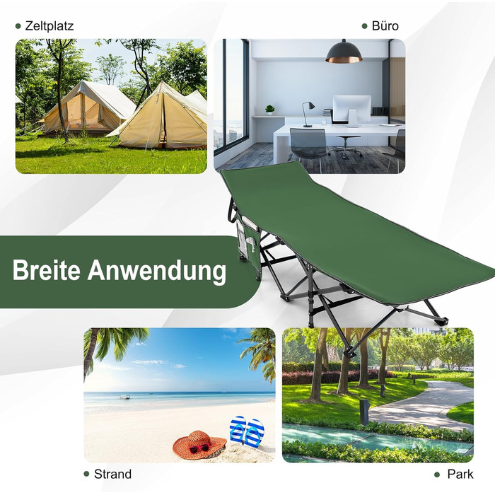 Розкладне ліжко SOARS для кемпінгу та відпочинку: стабільне металеве ліжко з кишенею та сумкою, до 272 кг, для саду та дому, зелене
