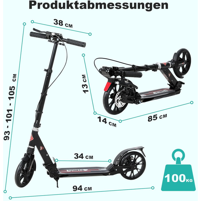 ISE Roller 200mm Big Wheel: Скутер з великим колесом 200 мм, подвійне гальмо, амортизація, складний, для дорослих та дітей, до 100 кг, з ремінним ременем та ручним гальмом, спортивний стиль