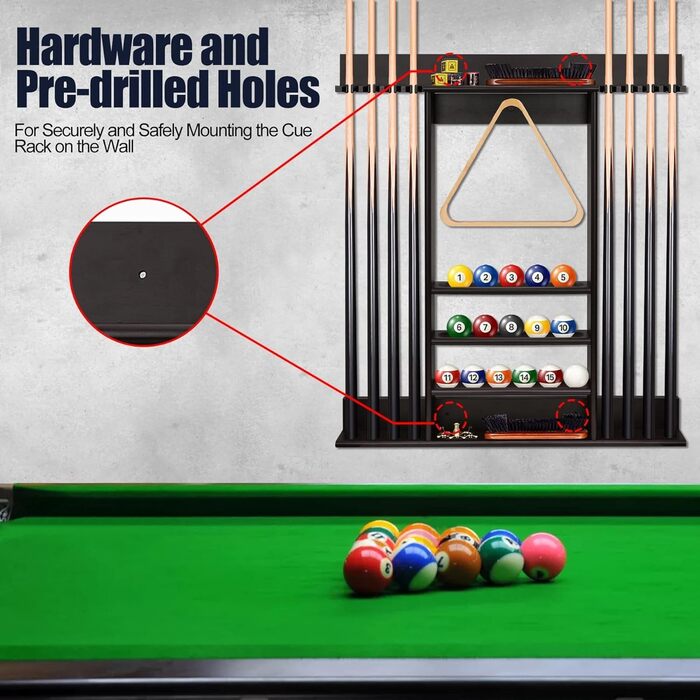 Стенд для київ та м'ячів для більярдного столу, бамбуковий, на 8 київ, з набором куль, органайзер для більярдного залу або клубу, темно-коричневий