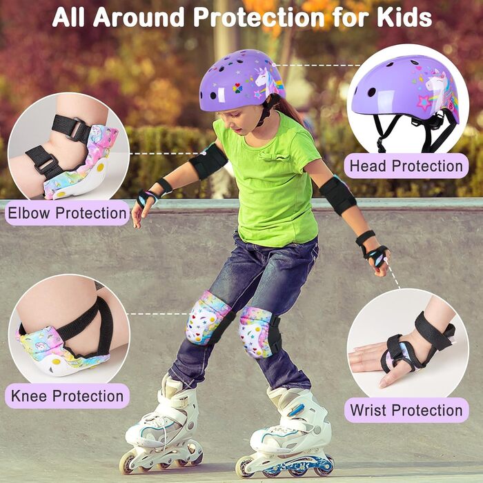 Дитячий шолом Unicorn Castle 7-в-1 з наколінниками, налокітниками та захистом зап'ястків для скейтборду, роликів, велосипеда (3-8 років), фіолетовий