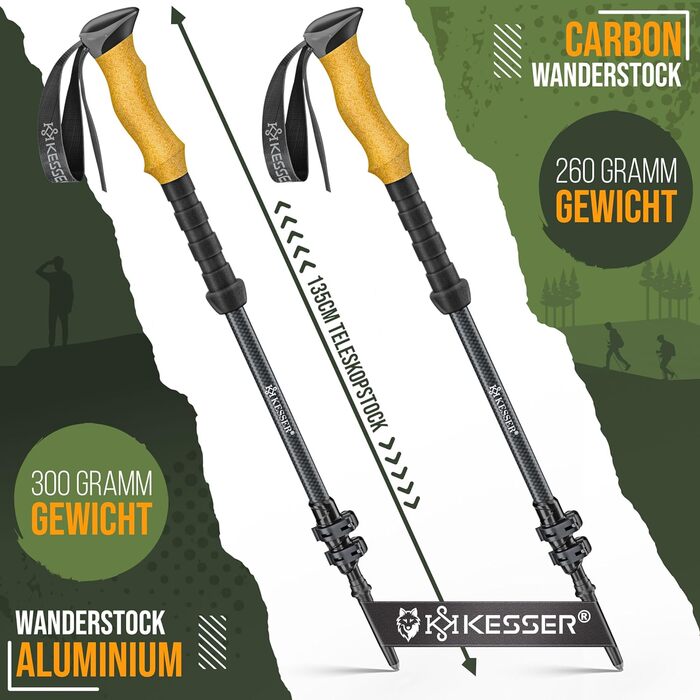 Трекінгові палиці KESSER® алюмінієві з корковим грифом | Складні/телескопічні палиці для скандинавської ходьби, туризму, гірського спорту та лижний туризм + ліхтарик для кемпінгу