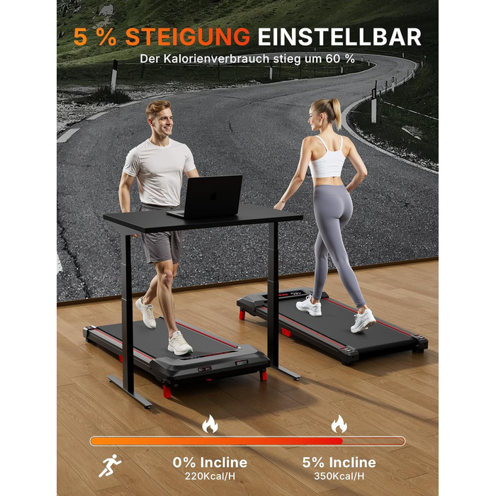 Біговий доріжка з нахилом 5%, компактна під стіл для дому та офісу, портативна бігове обладнання з LED дисплеєм, пульт дистанційного керування, вантажопідйомність 150 кг, 2.5HP, тихий двигун, чорний