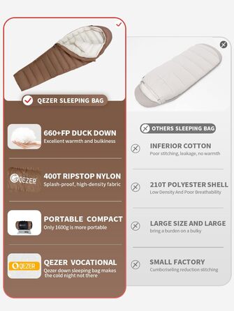 Сплячий мішок QEZER 820г Ultraleicht, 660FP, 8°C ~ 2°C для дітей та дорослих, 3 сезони, кемпінг, трекінг, Outdoor (Kaffee -3°C)