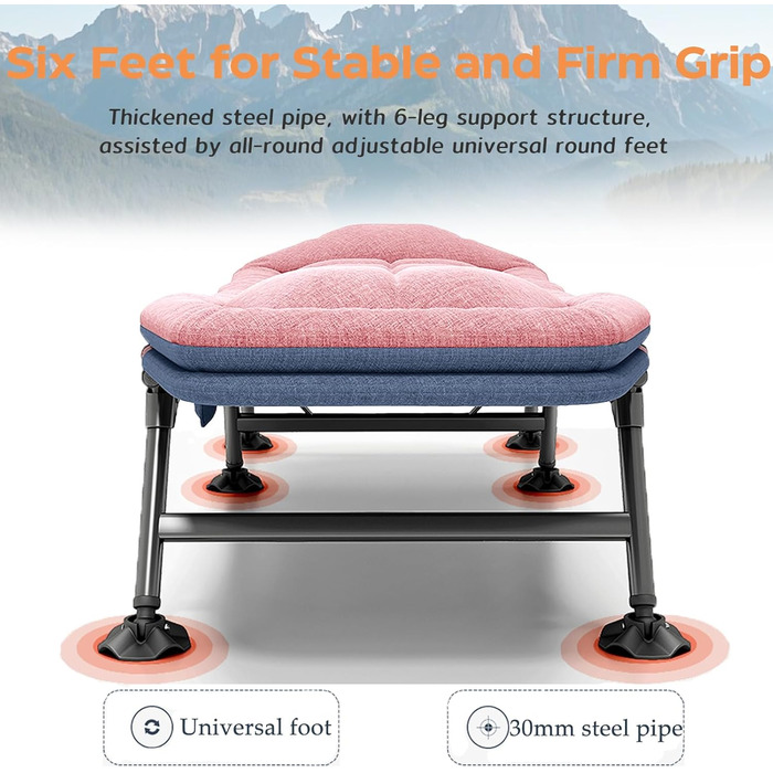 Кемпінгове ліжко AlpineAura: широке, складане, 190x65x30 см, 6 положень, для відпочинку на природі, пляжі, саду (рожеве)