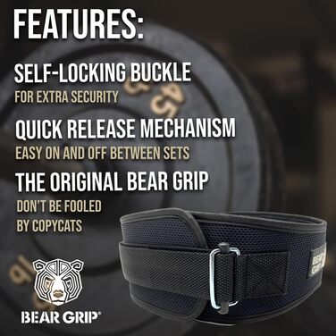 Пояс для важкої атлетики BEAR GRIP, неопреновий, анатомічний, для підтримки спини та попереку, для фітнесу та бодібілдингу, чорний, розмір XS