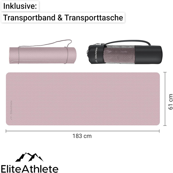Йога-мат EliteAthlete 183×61×0,6 см, спортивний килимок для фітнесу, пілатесу, нековзкий, з ременем і чохлом
