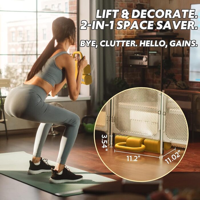 Регульований набір гантелей 2 шт. 4-в-1 для дому: швидка зміна ваги, 0.9-2.3 кг, жовтий