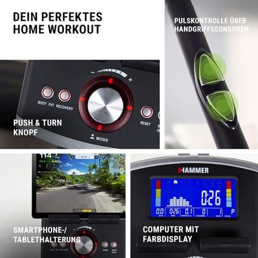 Велотренажер HAMMER Cardio Motion BT для дому, з Bluetooth, тихий, зручний сідло, легкий вхід, підходить для літніх, тримач для планшета, 110x52x140 см