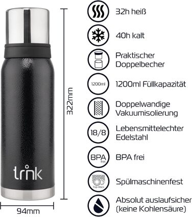 Термос trnk Arktis 2 із нержавіючої сталі 1200 мл, BPA-free, з двома чашками, зберігає тепло 32 години, для напоїв, підходить для посудомийки