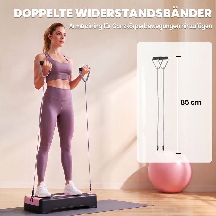 Регульована aerobic-платформа для фітнесу (2 рівні: 11/16 см) з 2 еспандерами та антиковзаним килимком, рожева